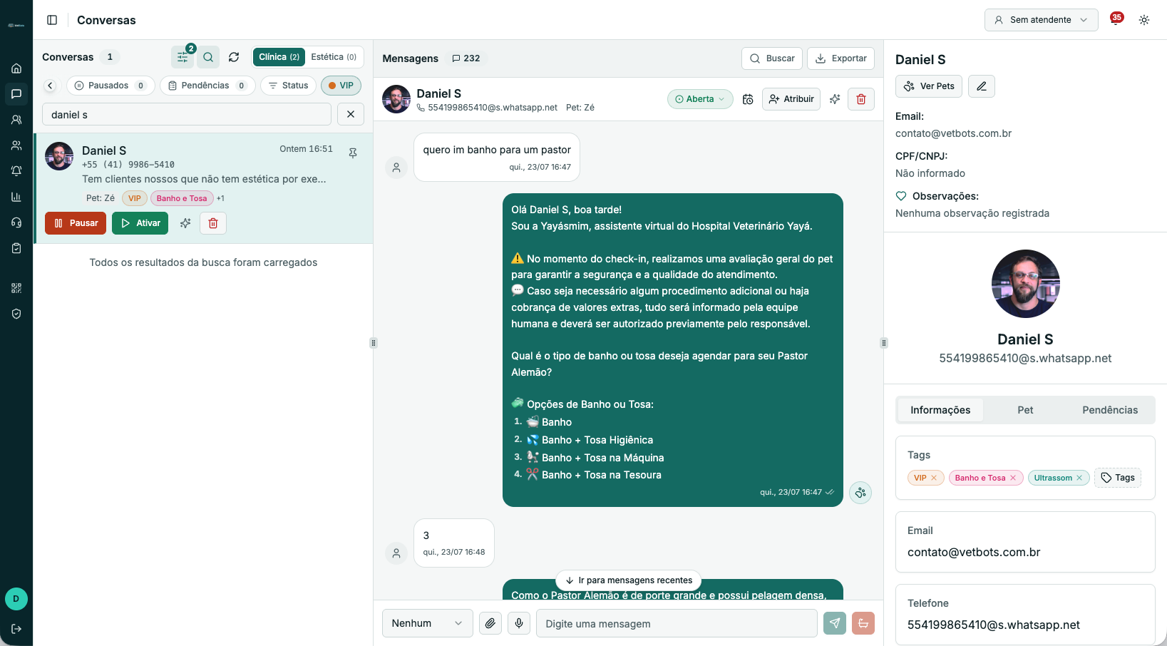 Conversas com o menu recolhido e o filtro VIP ativo