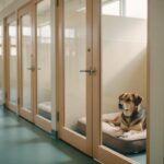 Corredor de hotel para cães com acomodações individuais de vidro e madeira clara, um cão descansando em uma delas