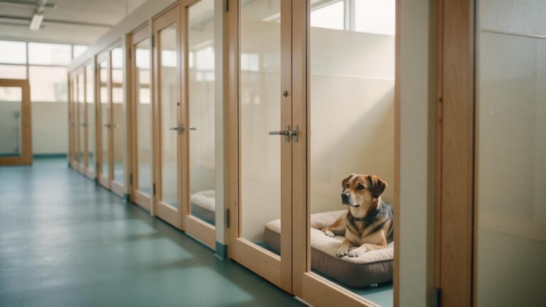 Corredor de hotel para c&atilde;es com acomoda&ccedil;&otilde;es individuais de vidro e madeira clara, um c&atilde;o descansando em uma delas