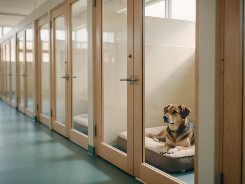 Corredor de hotel para cães com acomodações individuais de vidro e madeira clara, um cão descansando em uma delas