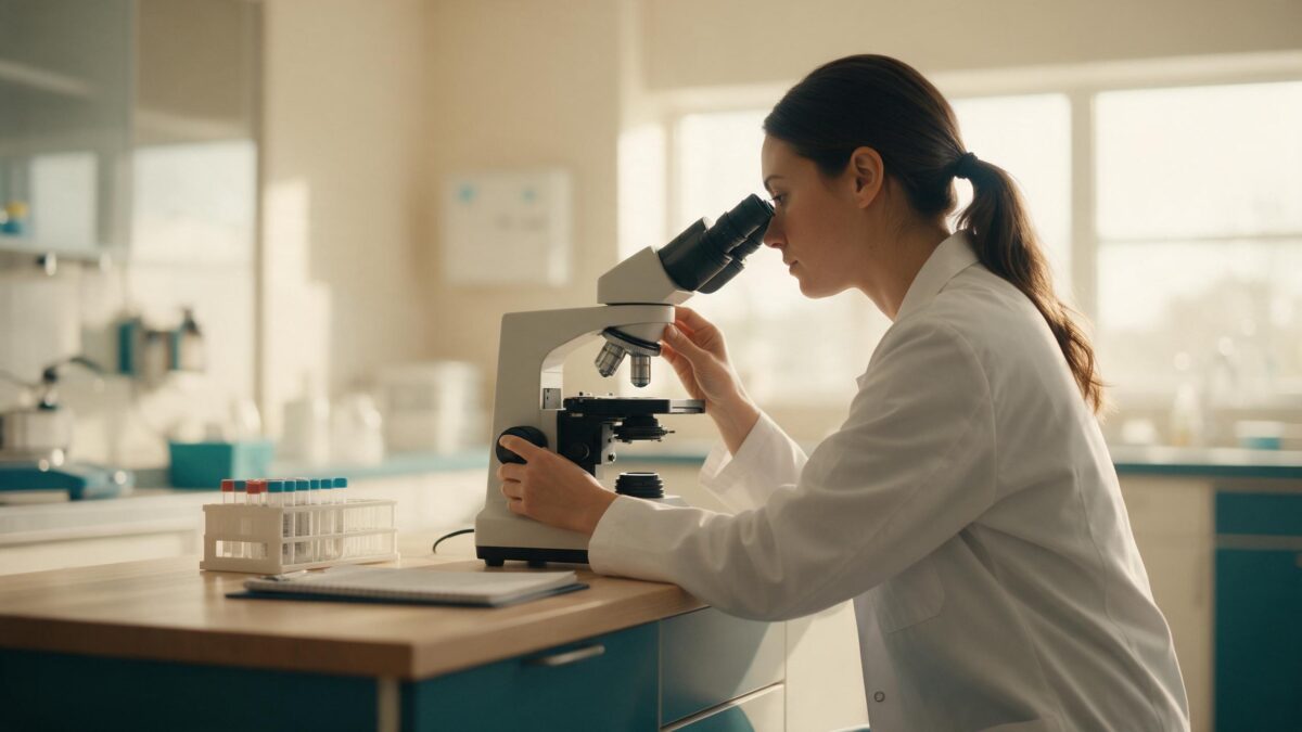 Técnica de jaleco branco ajustando o foco de um microscópio em bancada de laboratório, com estante de tubos de amostra ao lado