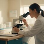 Técnica de jaleco branco ajustando o foco de um microscópio em bancada de laboratório, com estante de tubos de amostra ao lado