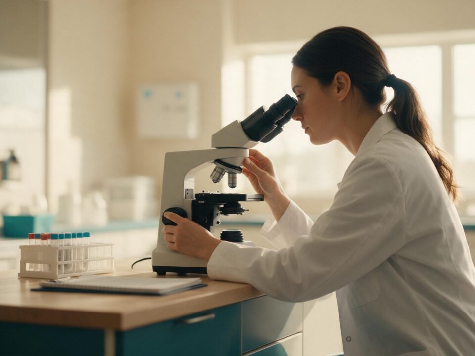 Técnica de jaleco branco ajustando o foco de um microscópio em bancada de laboratório, com estante de tubos de amostra ao lado