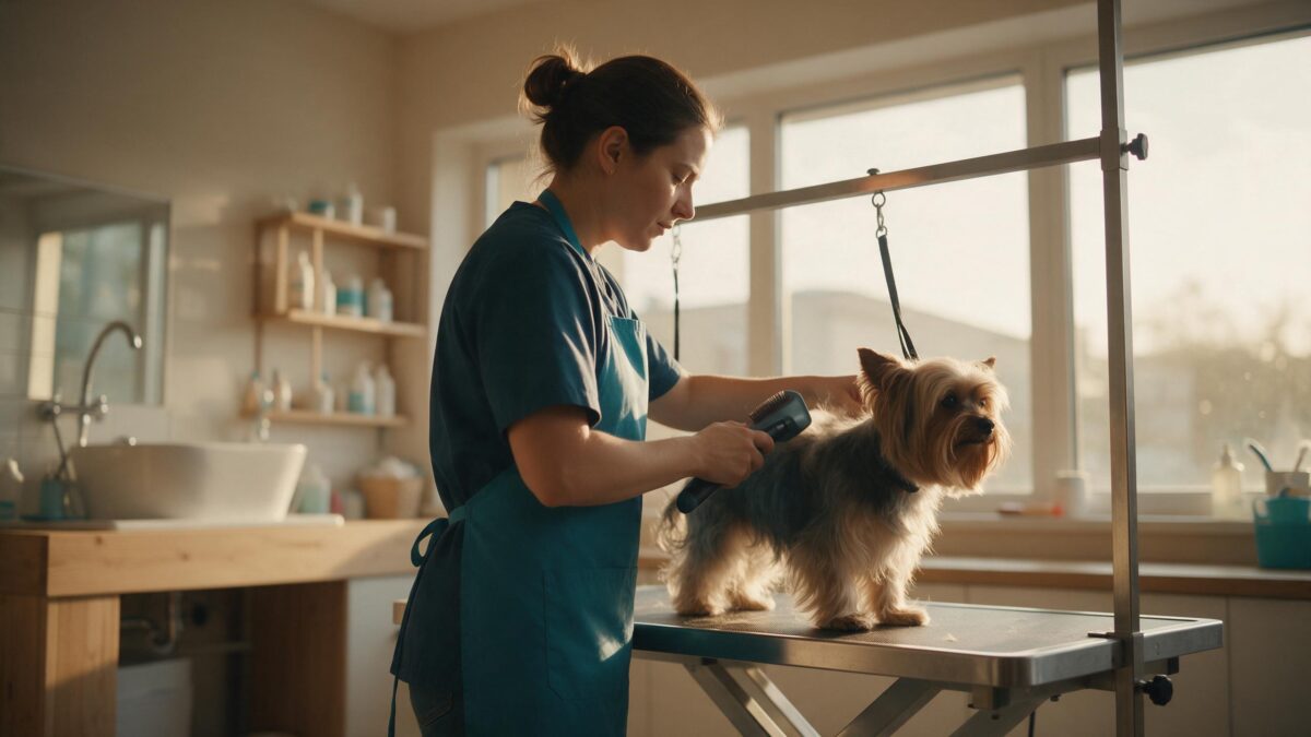 Tosadora de avental azul petróleo escovando um cão de pelo longo sobre mesa de banho e tosa, com luz natural de janela