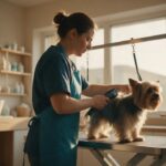 Tosadora de avental azul petróleo escovando um cão de pelo longo sobre mesa de banho e tosa, com luz natural de janela