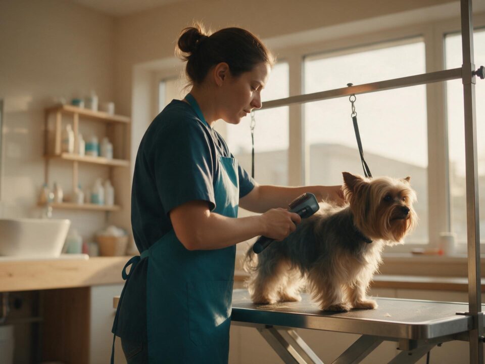 Tosadora de avental azul petróleo escovando um cão de pelo longo sobre mesa de banho e tosa, com luz natural de janela