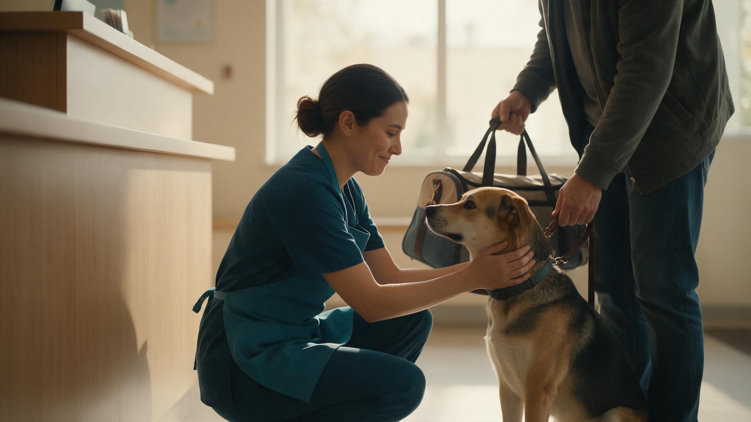 Atendente agachada recebendo um cão das mãos de um tutor que segura uma bolsa de viagem na recepção de um hotel pet