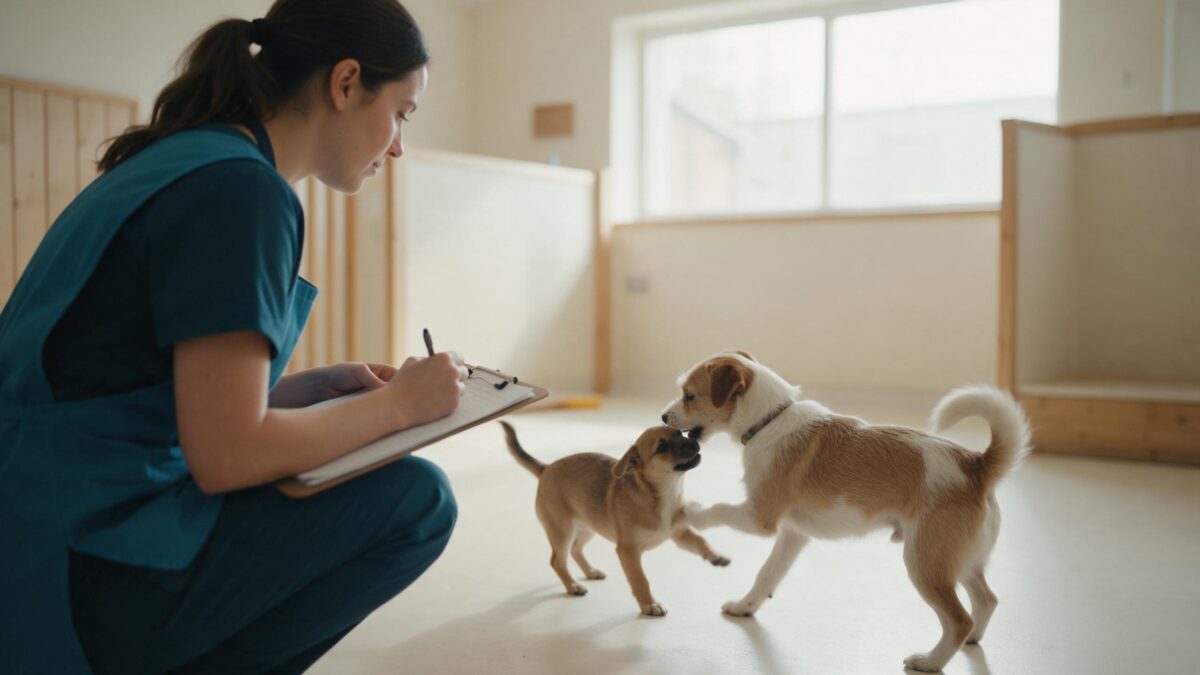 Funcionária de avental azul petróleo agachada com prancheta observando dois cães brincando na área de recreação