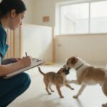 Funcionária de avental azul petróleo agachada com prancheta observando dois cães brincando na área de recreação