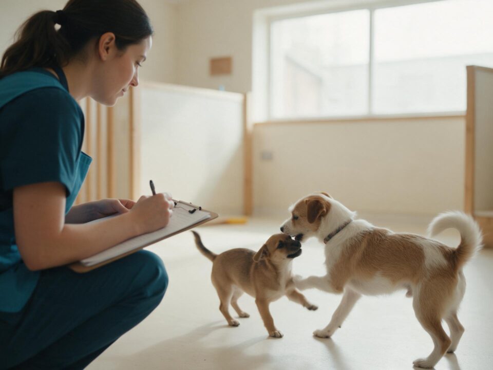 Funcionária de avental azul petróleo agachada com prancheta observando dois cães brincando na área de recreação