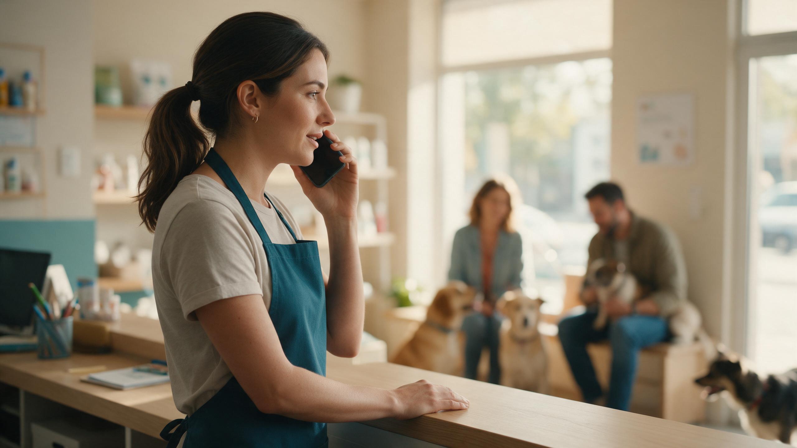 Recepcionista de petshop com avental azul petróleo atendendo pelo celular no balcão, com tutores e cães esperando ao fundo