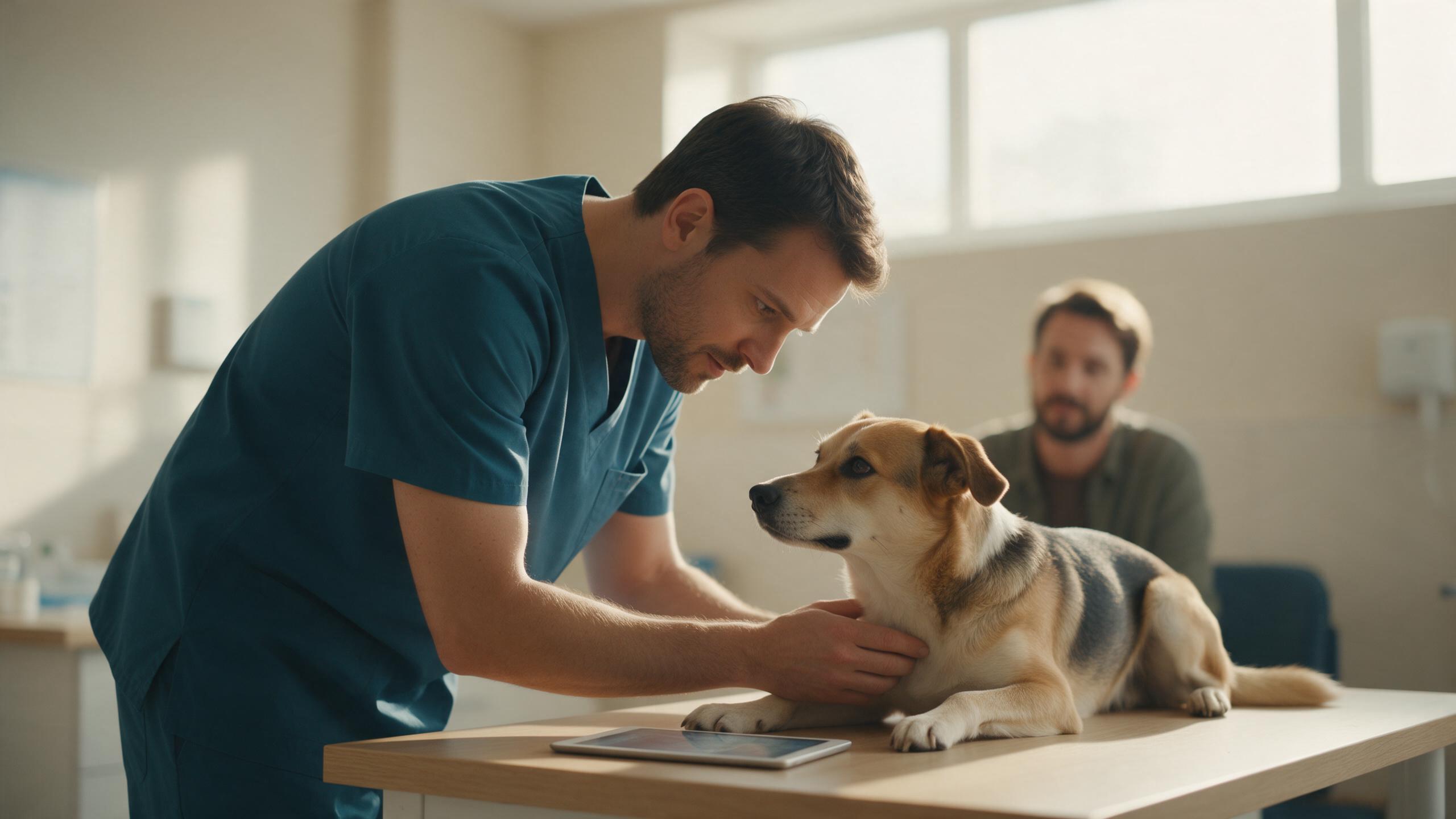 Veterinário examinando cão na mesa de consulta com tablet ao lado
