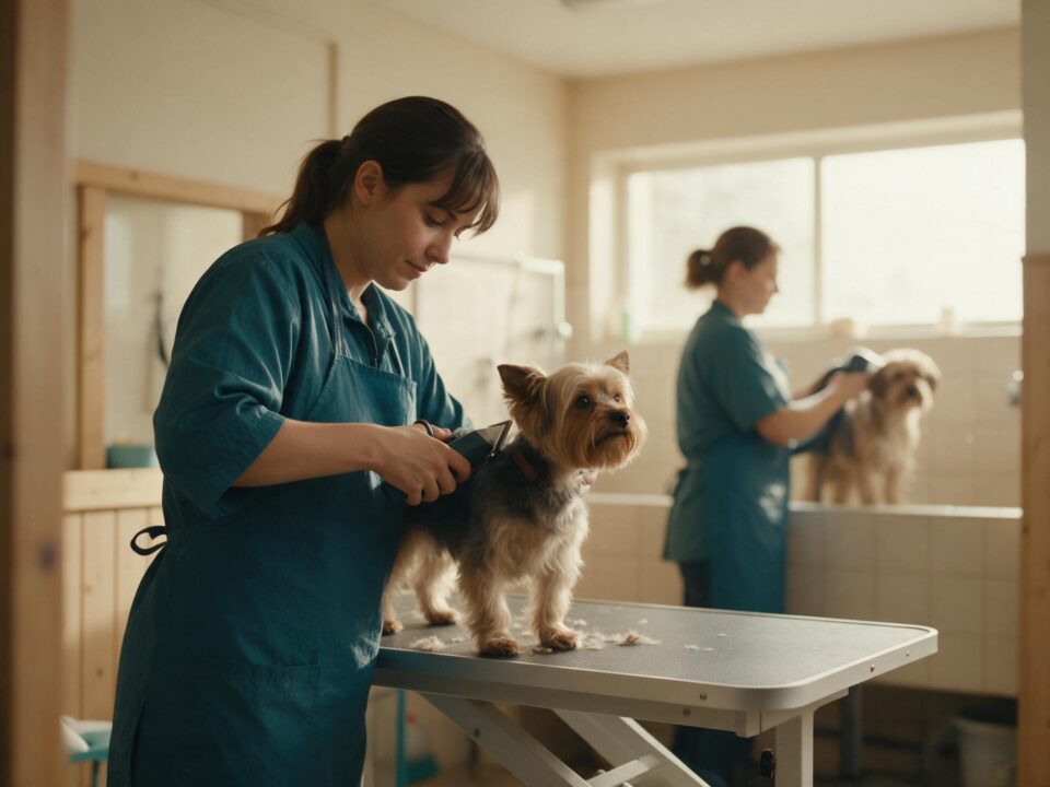Tosadora aparando um cão pequeno na mesa de tosa em primeiro plano, com um banhista secando outro cão ao fundo