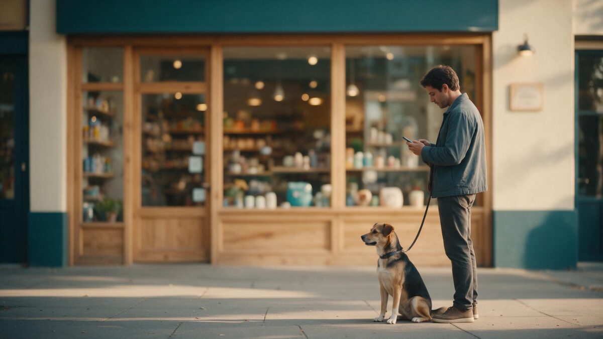 Tutor em pé na calçada de um petshop digitando no celular, com um cão de porte médio sentado ao lado na guia