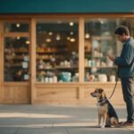 Tutor em pé na calçada de um petshop digitando no celular, com um cão de porte médio sentado ao lado na guia