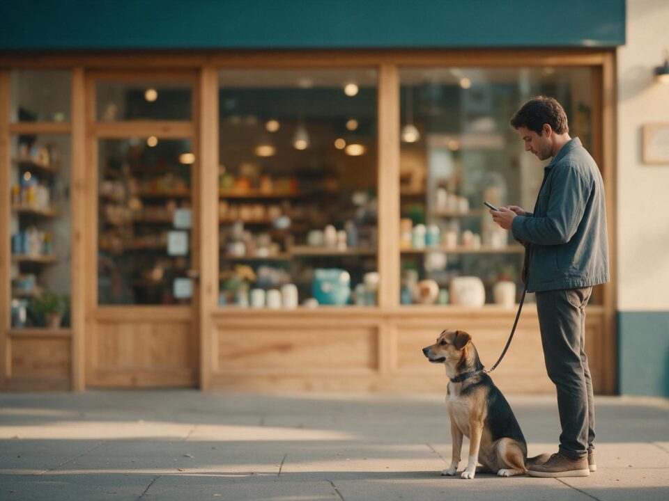 Tutor em pé na calçada de um petshop digitando no celular, com um cão de porte médio sentado ao lado na guia