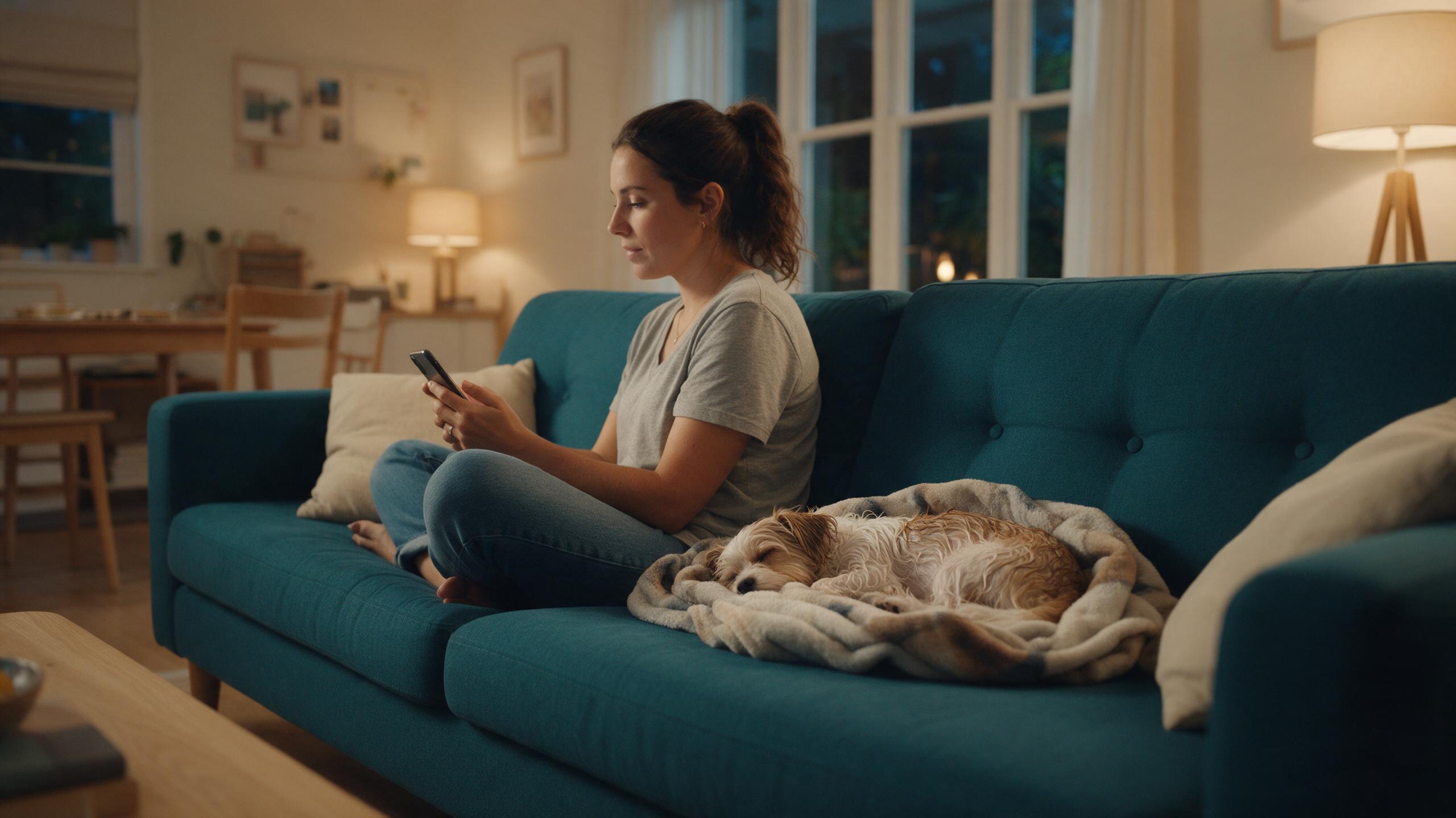 Tutora no sofá de casa à noite usando o celular, com cão recém-banhado dormindo enrolado em um cobertor ao lado
