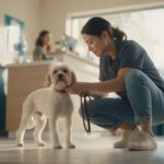 Tutora agachada ajustando a coleira de um cão de pelo claro recém-tosado na saída de um petshop