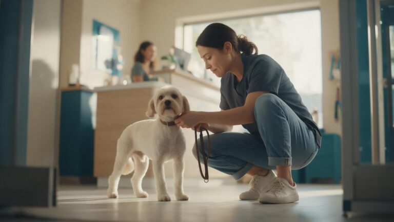 Tutora agachada ajustando a coleira de um c&atilde;o de pelo claro rec&eacute;m-tosado na sa&iacute;da de um petshop