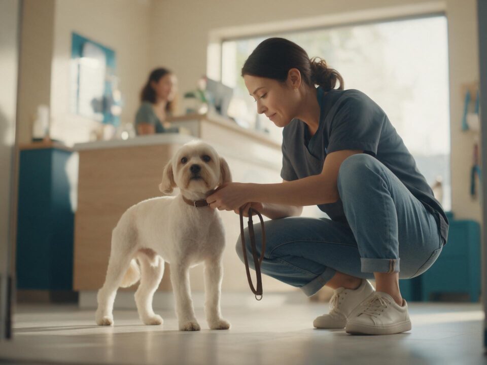 Tutora agachada ajustando a coleira de um cão de pelo claro recém-tosado na saída de um petshop