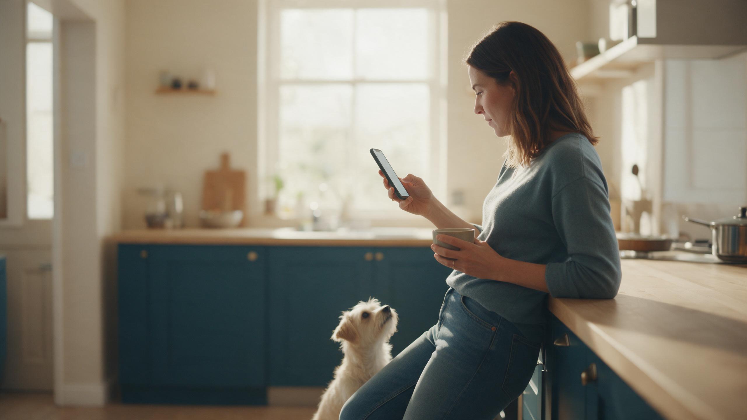 Tutora apoiada na bancada da cozinha pela manhã, xícara numa das mãos e celular na outra, com um cão pequeno olhando para ela