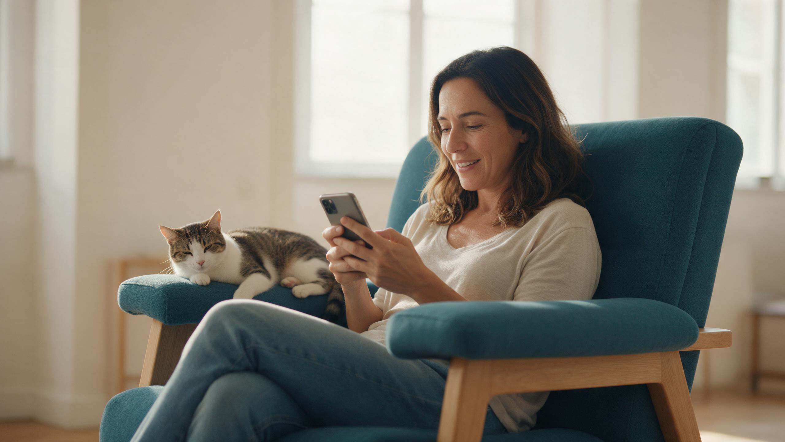 Tutora sentada em poltrona lendo algo no celular com expressão aliviada, com um gato deitado no braço da poltrona