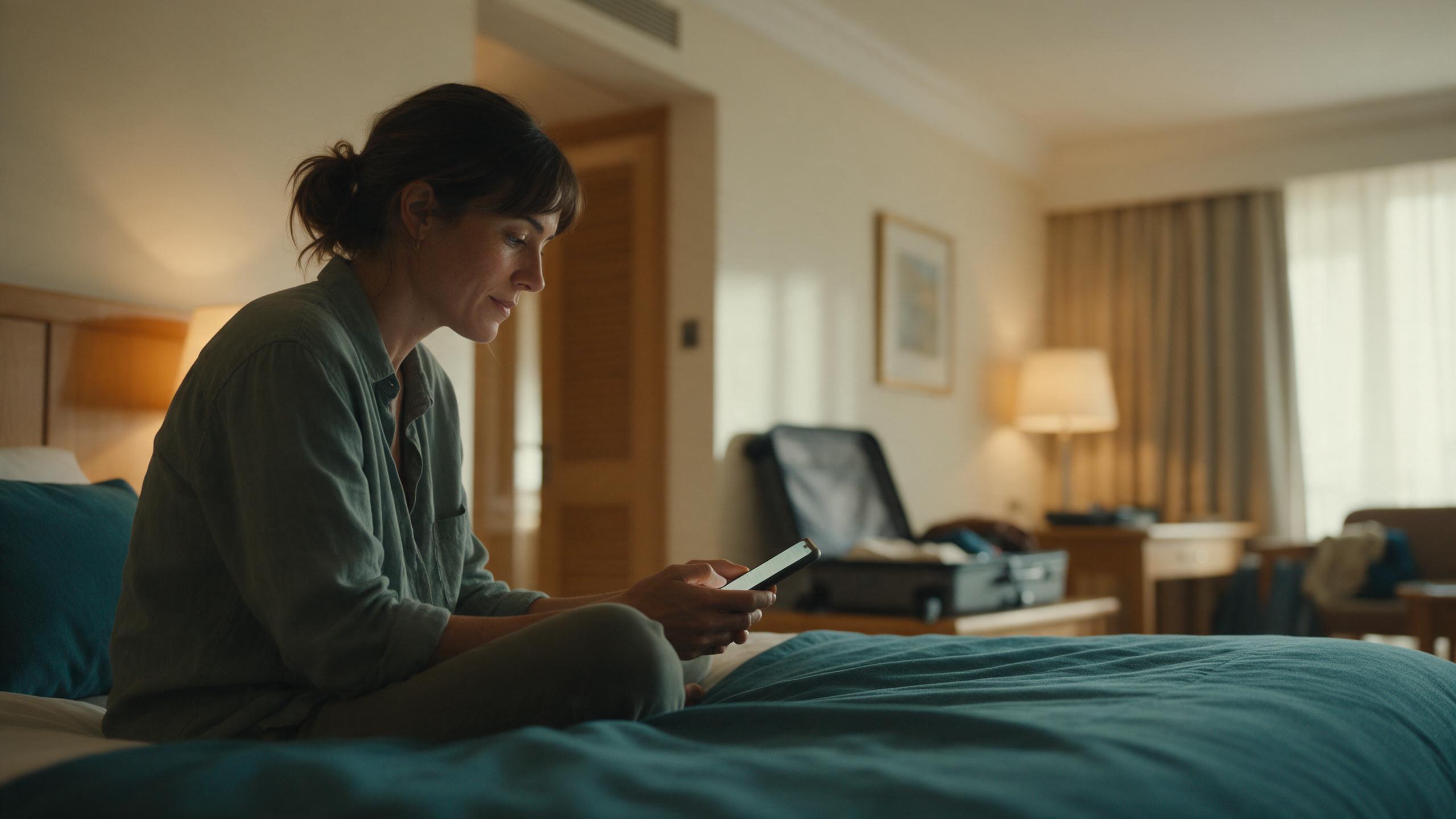 Tutora sentada na cama de um quarto de hotel à noite, olhando o celular com expressão tranquila