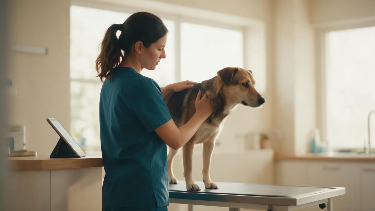Veterinária de scrub azul petróleo analisando um tablet na bancada com a mão sobre um cão calmo na mesa de exame