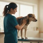 Veterinária de scrub azul petróleo analisando um tablet na bancada com a mão sobre um cão calmo na mesa de exame