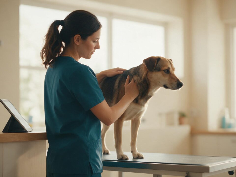 Veterinária de scrub azul petróleo analisando um tablet na bancada com a mão sobre um cão calmo na mesa de exame