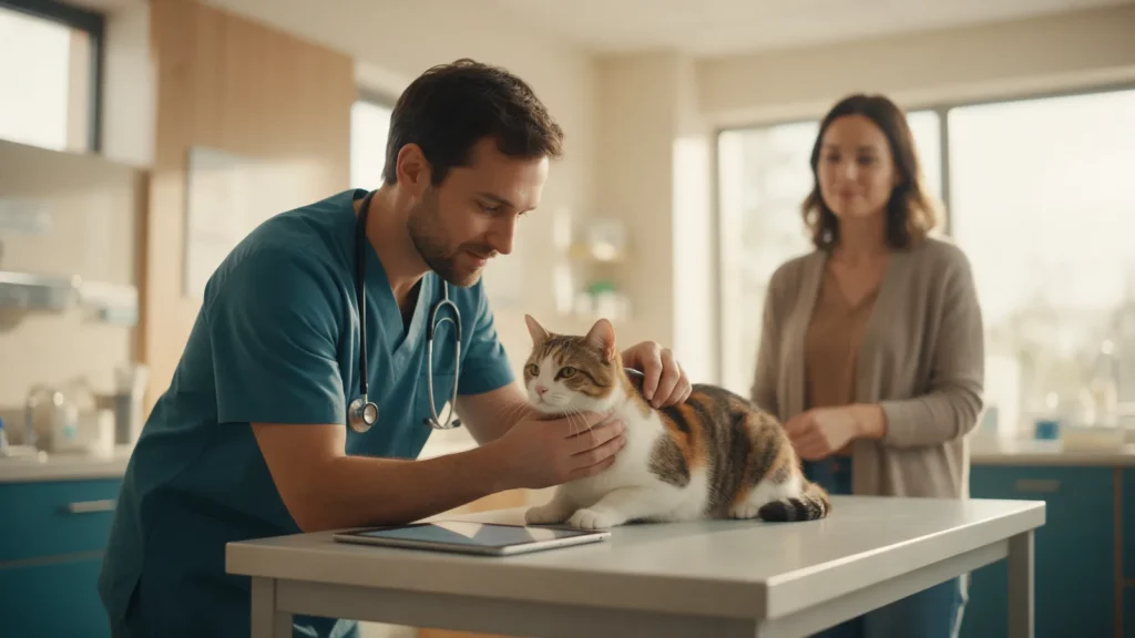 Veterinário examinando um gato na mesa de consulta, com a tutora observando ao fundo