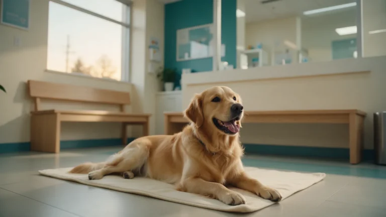 Sala de espera de clínica veterinária recém-montada, com golden retriever deitado sobre tapete creme e janela de luz quente