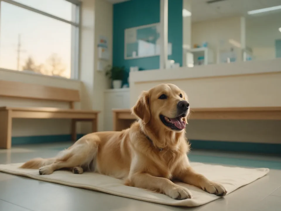 Sala de espera de clínica veterinária recém-montada, com golden retriever deitado sobre tapete creme e janela de luz quente