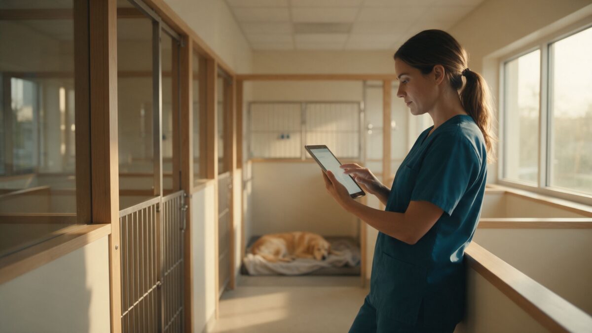 Veterinária de plantão consultando um tablet no corredor de internação de um hospital veterinário, com um golden retriever dormindo na baia ao fundo