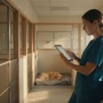 Veterinária de plantão consultando um tablet no corredor de internação de um hospital veterinário, com um golden retriever dormindo na baia ao fundo
