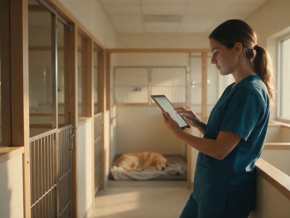 Veterinária de plantão consultando um tablet no corredor de internação de um hospital veterinário, com um golden retriever dormindo na baia ao fundo