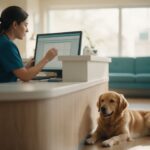 Veterinária de scrub azul petróleo conferindo a agenda em um monitor na recepção da clínica, com um golden retriever deitado ao lado do balcão