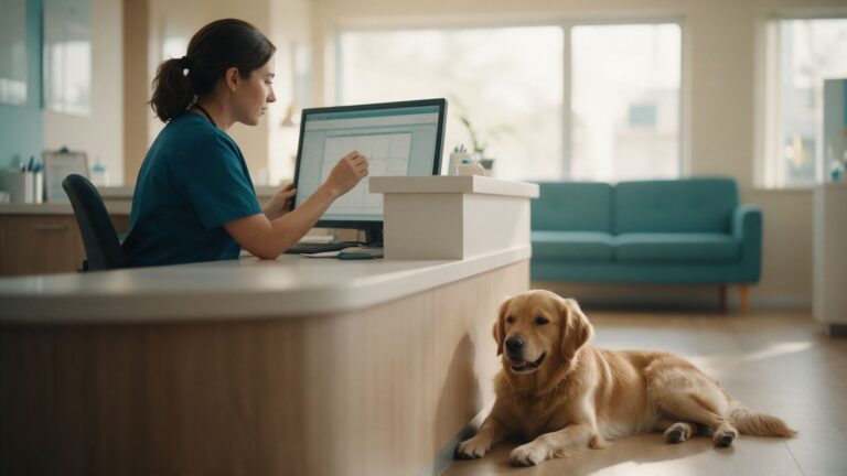 Veterinária de scrub azul petróleo conferindo a agenda em um monitor na recepção da clínica, com um golden retriever deitado ao lado do balcão