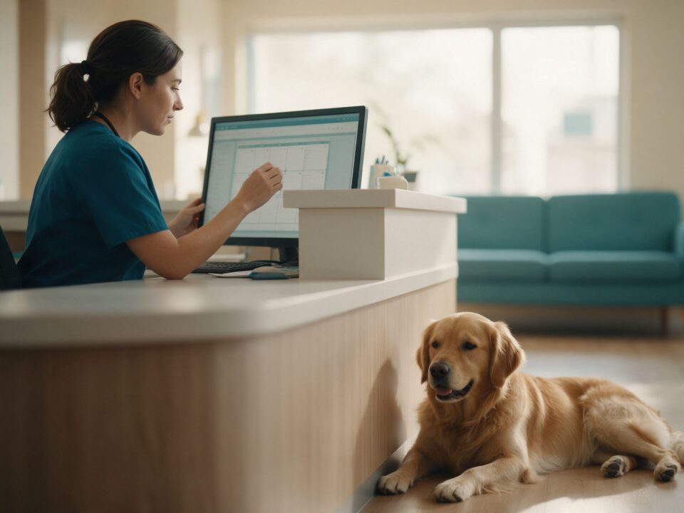 Veterinária de scrub azul petróleo conferindo a agenda em um monitor na recepção da clínica, com um golden retriever deitado ao lado do balcão