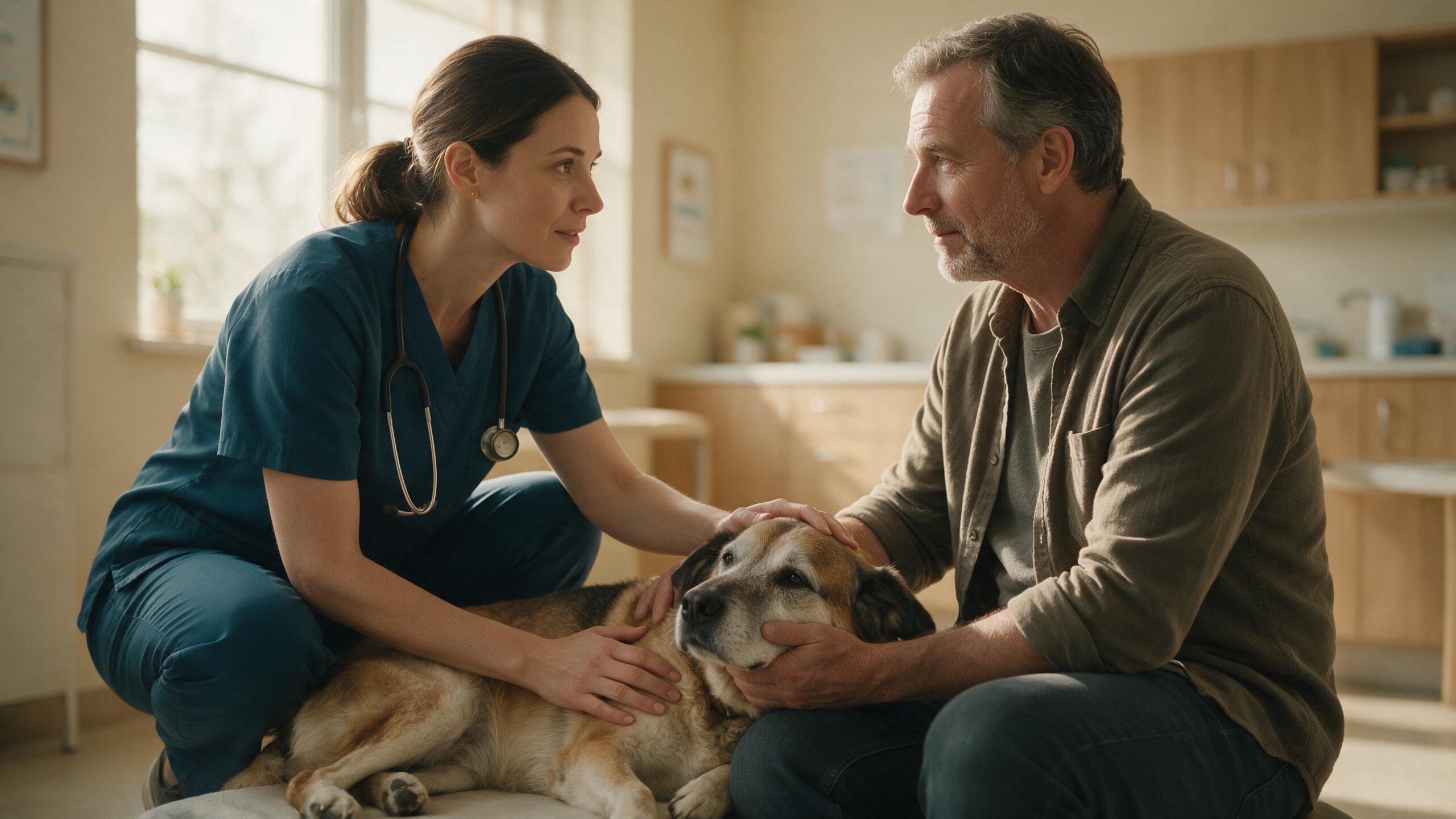 Médica veterinária conversando com tutor sobre um cão idoso na sala de consulta, os dois com as mãos sobre o animal