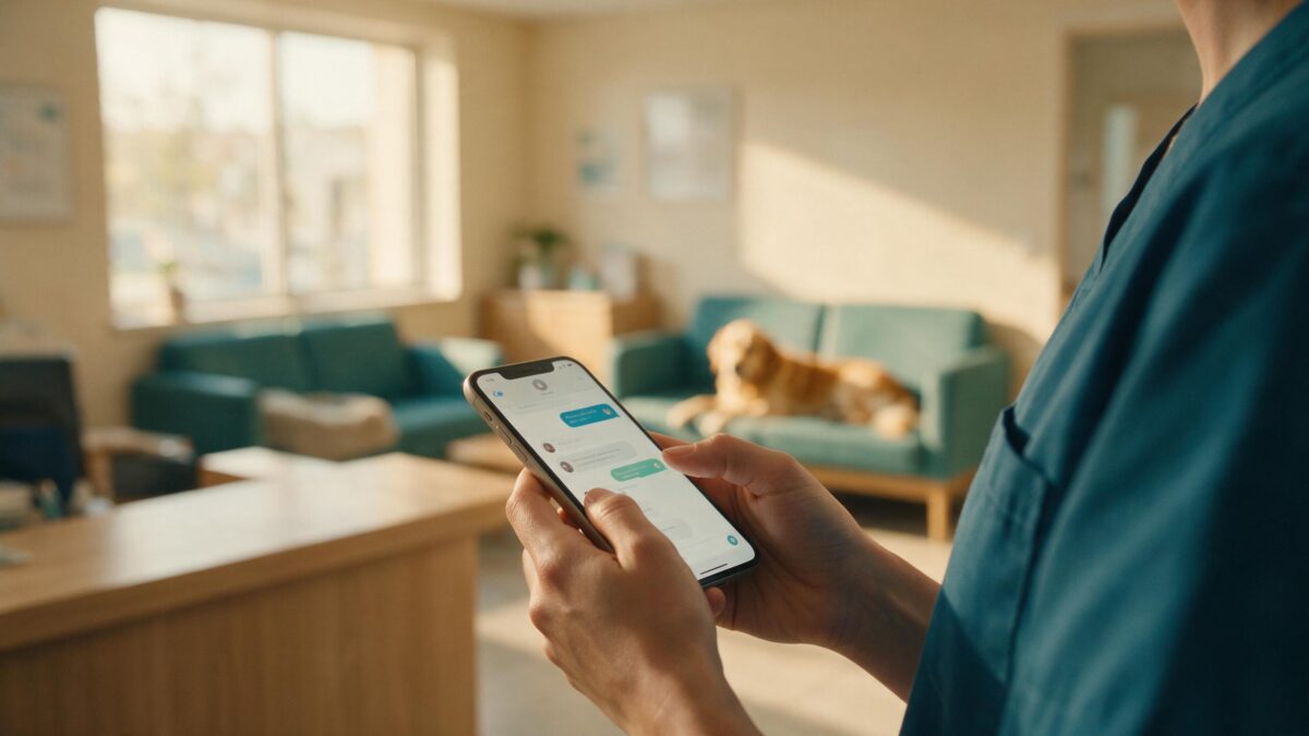 Mãos de recepcionista de clínica veterinária segurando celular com uma conversa de mensagens, sala de espera com golden retriever ao fundo