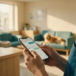 Mãos de recepcionista de clínica veterinária segurando celular com uma conversa de mensagens, sala de espera com golden retriever ao fundo
