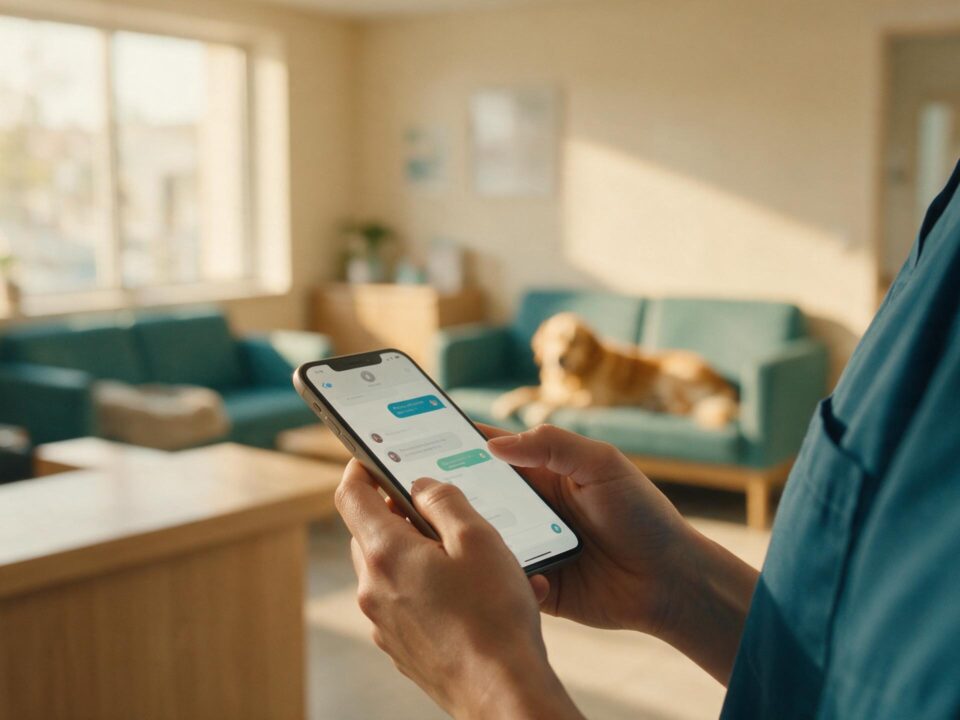 Mãos de recepcionista de clínica veterinária segurando celular com uma conversa de mensagens, sala de espera com golden retriever ao fundo