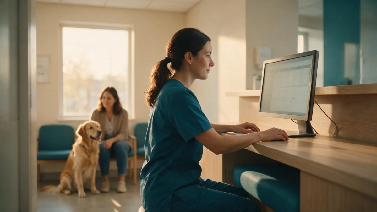 Recepcionista de clínica veterinária conferindo a agenda do dia no monitor, com tutora e golden retriever aguardando na recepção
