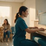 Recepcionista de clínica veterinária conferindo a agenda do dia no monitor, com tutora e golden retriever aguardando na recepção