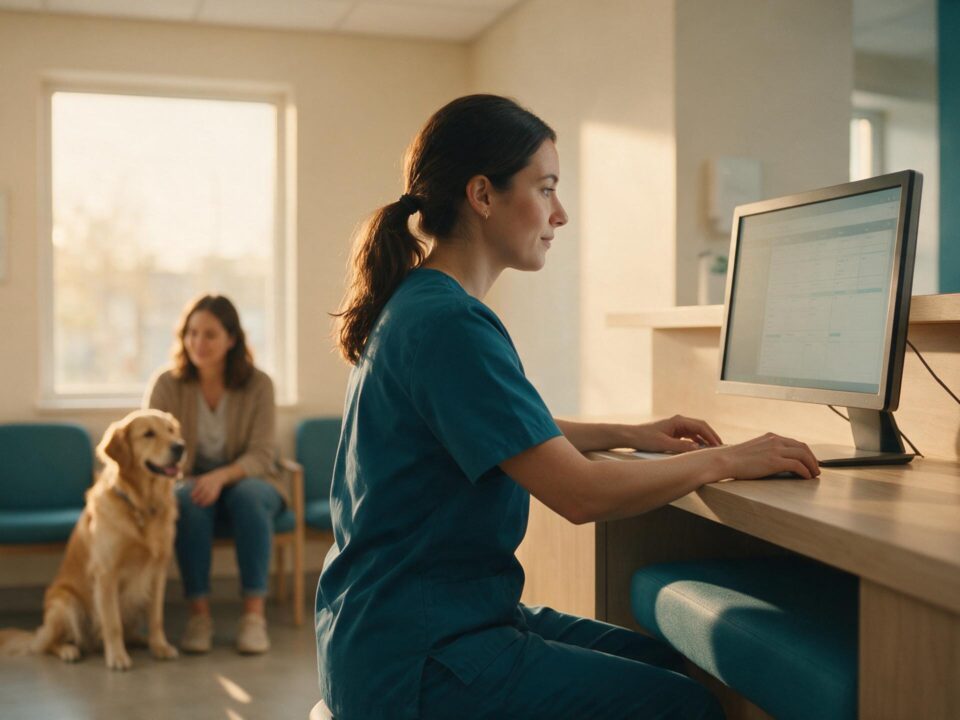 Recepcionista de clínica veterinária conferindo a agenda do dia no monitor, com tutora e golden retriever aguardando na recepção