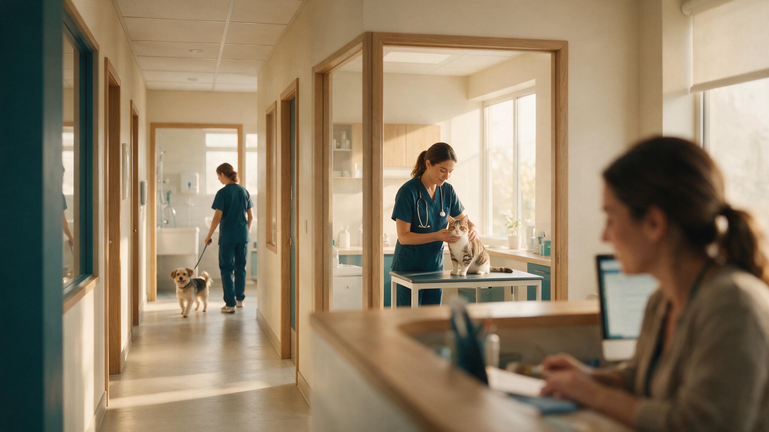 Corredor de clínica veterinária com atendimento em consultório, condução de cão para banho e tosa e recepção em funcionamento ao mesmo tempo