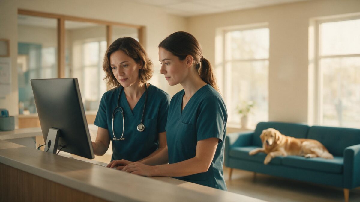 Duas profissionais de uniforme azul petróleo revisam a ficha de um cliente no monitor da recepção de uma clínica veterinária, com um golden retriever deitado no sofá ao fundo