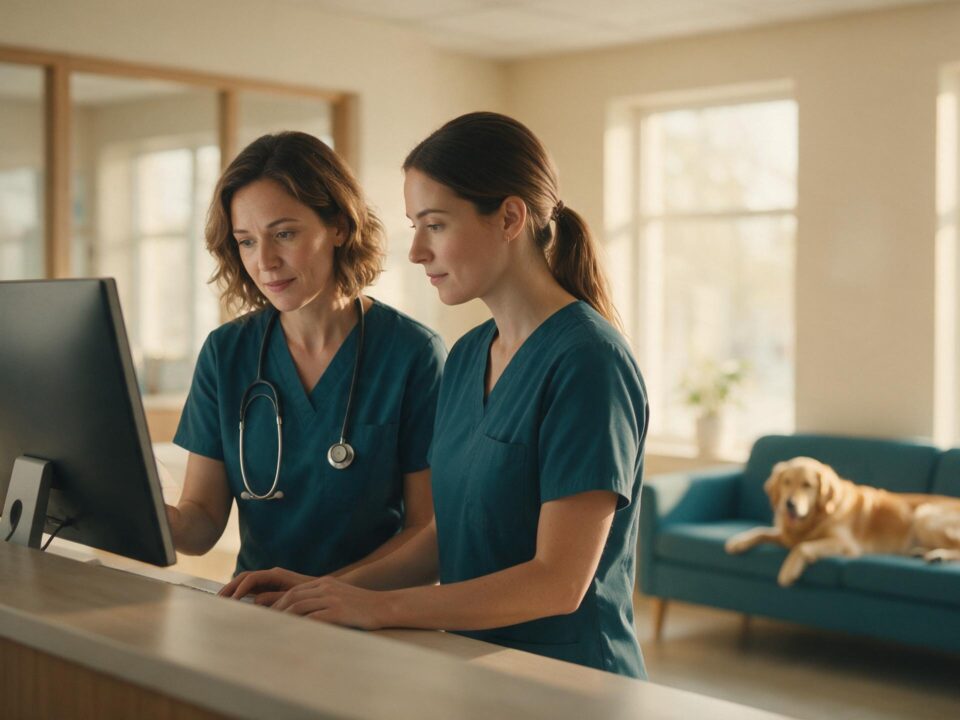 Duas profissionais de uniforme azul petróleo revisam a ficha de um cliente no monitor da recepção de uma clínica veterinária, com um golden retriever deitado no sofá ao fundo