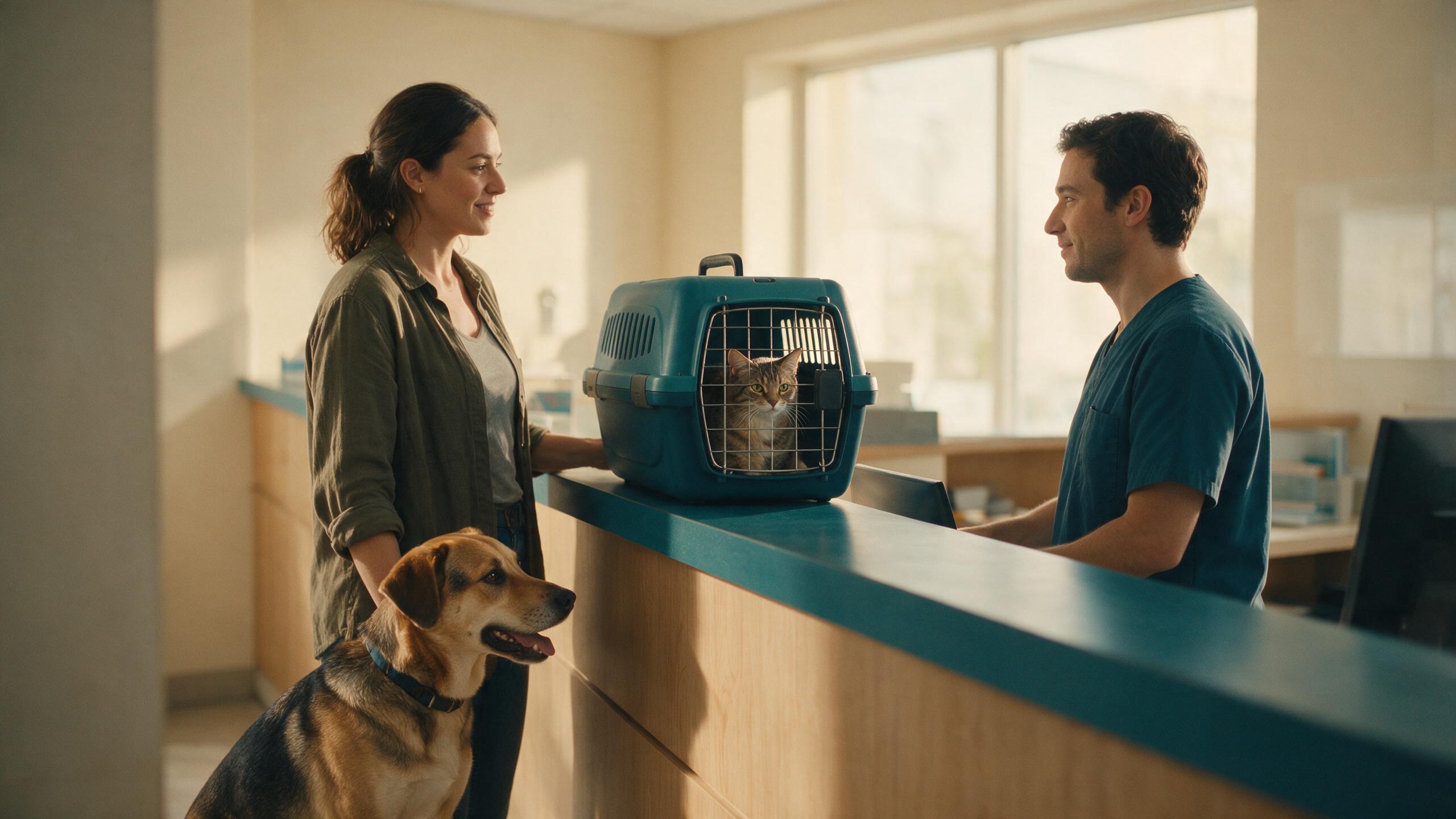 Tutora no balcão da recepção com um cão sentado ao lado e um gato dentro da caixa de transporte, atendida por um recepcionista de uniforme azul petróleo
